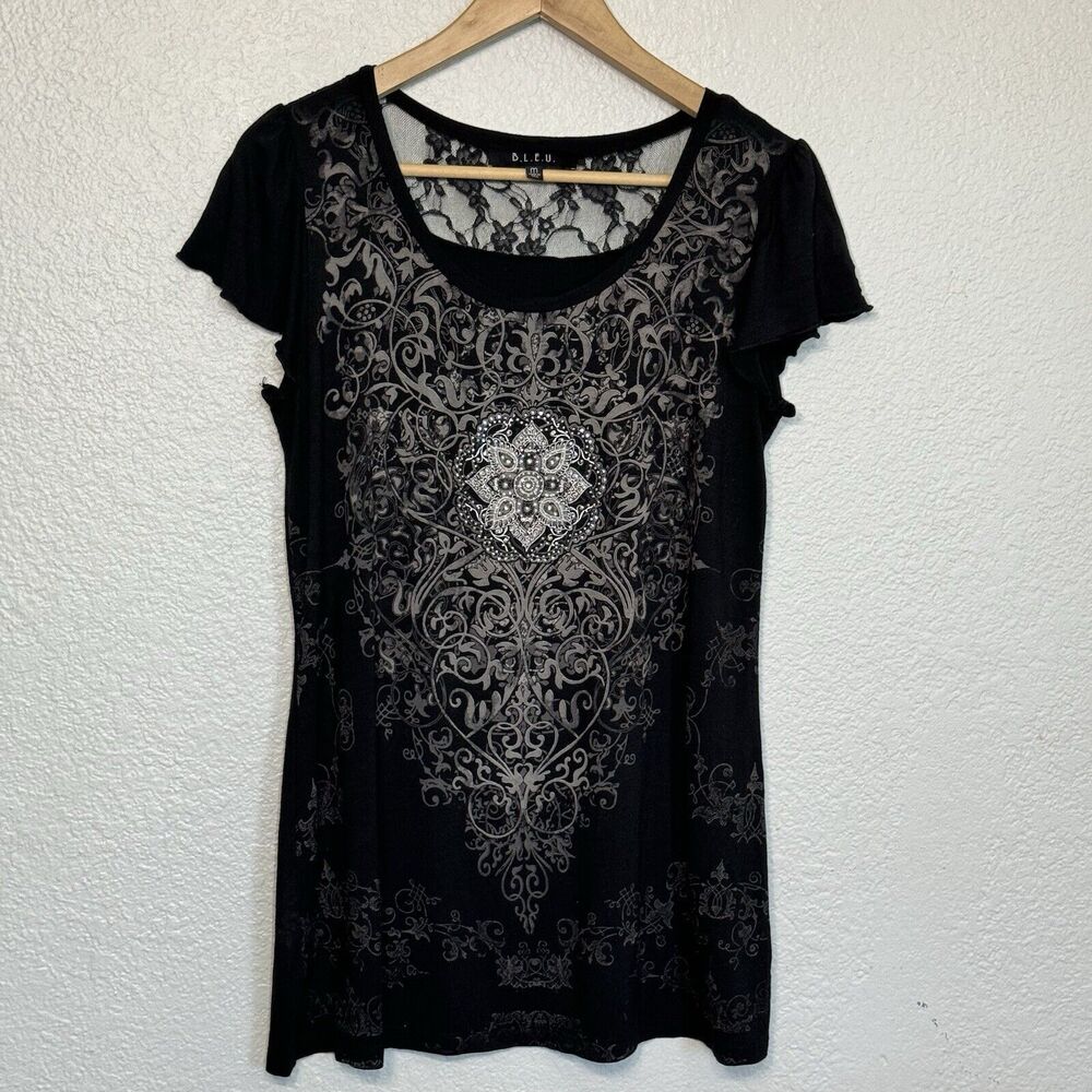 Vintage Top Women M Black Lace Sheer Embellished Rhinestones Y2K Dark Fairy Goth